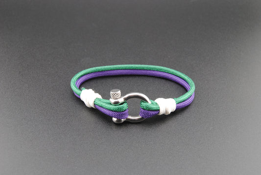 The Wimbledon - Purple and Green Paracord Bracelet with Polished Stainless D-Shackle w/ Crown