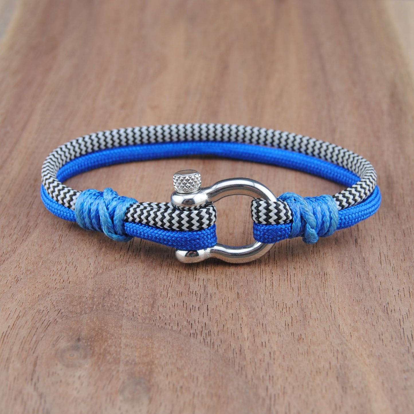 The Zebra Blue Hawaiian - Zebra and Blue Paracord Bracelet with Polished Stainless D-Shackle w/ Crown