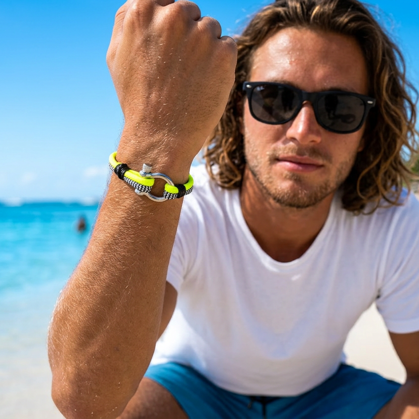 Man with sunglasses and a bracelet on a beach